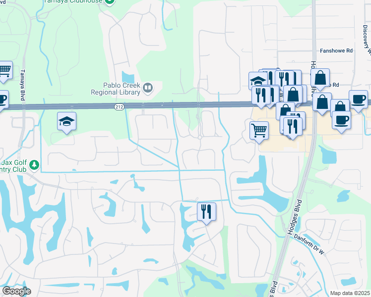 map of restaurants, bars, coffee shops, grocery stores, and more near 13347 Stone Pond Drive in Jacksonville