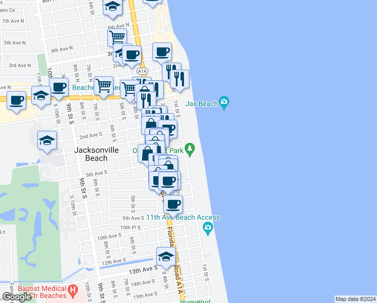 map of restaurants, bars, coffee shops, grocery stores, and more near 349 1st Street South in Jacksonville Beach