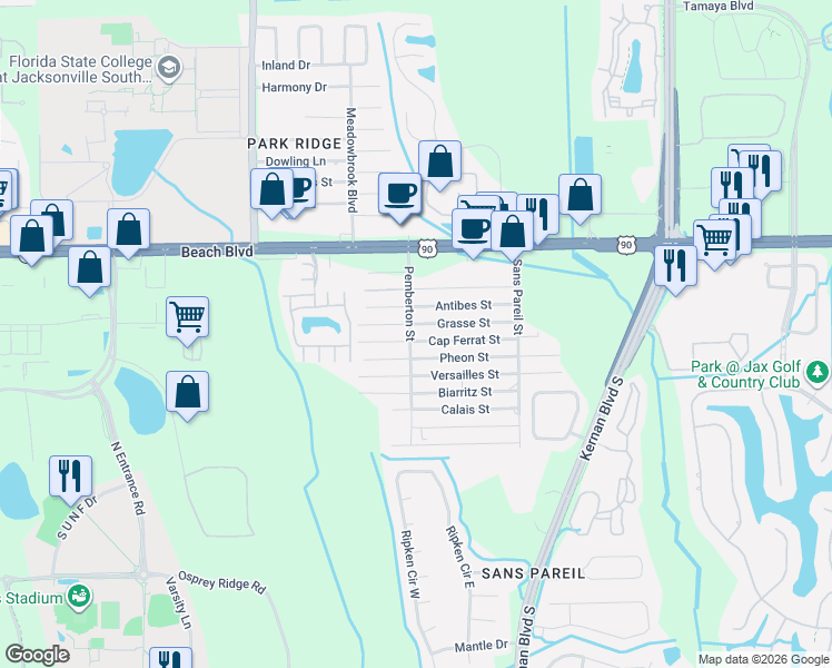 map of restaurants, bars, coffee shops, grocery stores, and more near 12145 Grasse Street in Jacksonville