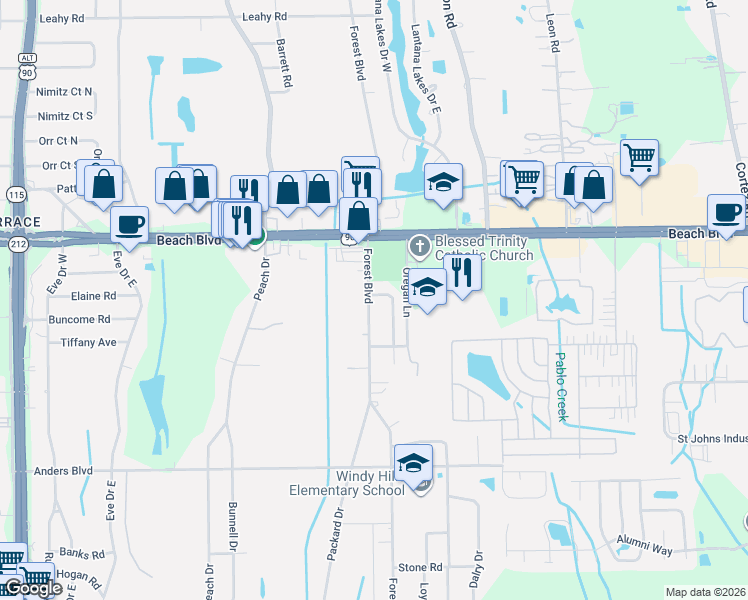 map of restaurants, bars, coffee shops, grocery stores, and more near 3364 Forest Boulevard in Jacksonville