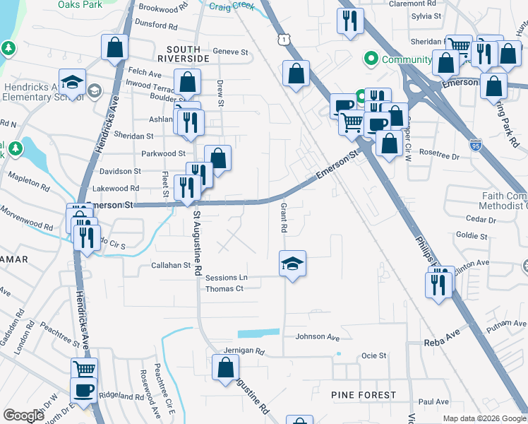 map of restaurants, bars, coffee shops, grocery stores, and more near 2230 Emerson Street in Jacksonville
