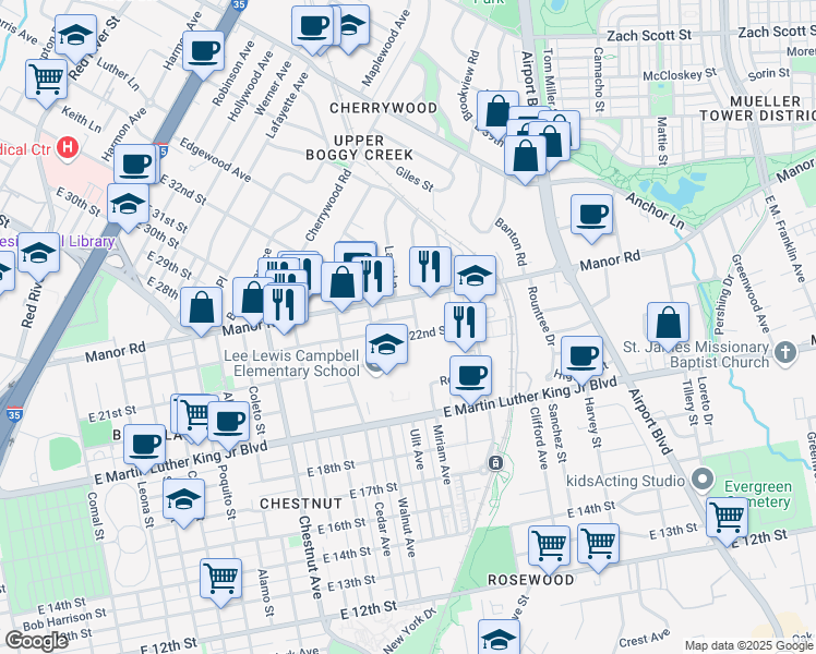 map of restaurants, bars, coffee shops, grocery stores, and more near in Austin