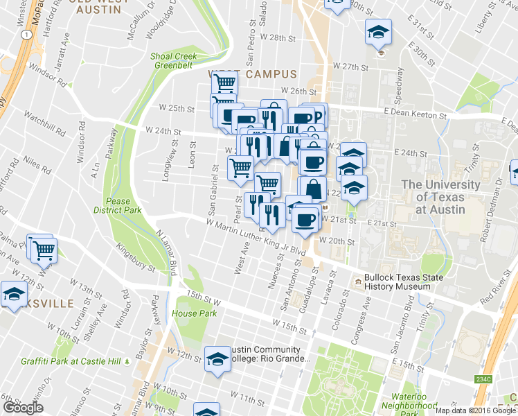map of restaurants, bars, coffee shops, grocery stores, and more near 709 1/2 West 22nd Street in Austin