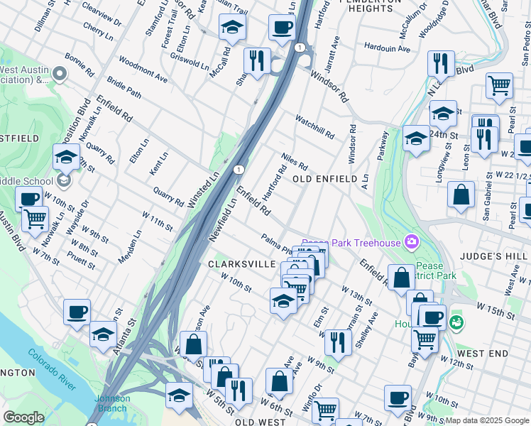 map of restaurants, bars, coffee shops, grocery stores, and more near 1713 Summit View Place in Austin