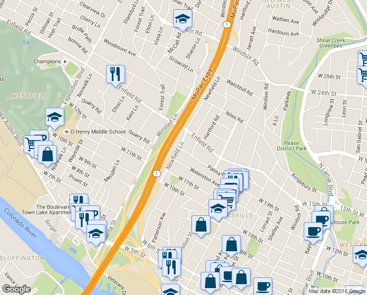 map of restaurants, bars, coffee shops, grocery stores, and more near 1405 Newfield Lane in Austin