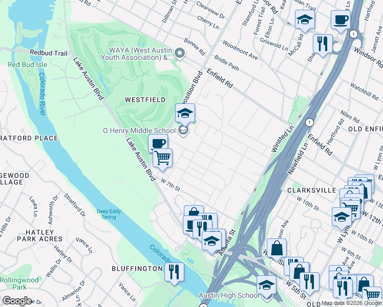 map of restaurants, bars, coffee shops, grocery stores, and more near 2610 West 10th Street in Austin
