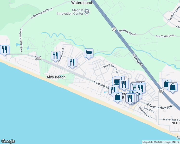 map of restaurants, bars, coffee shops, grocery stores, and more near 10 Sandal Lane in Panama City Beach