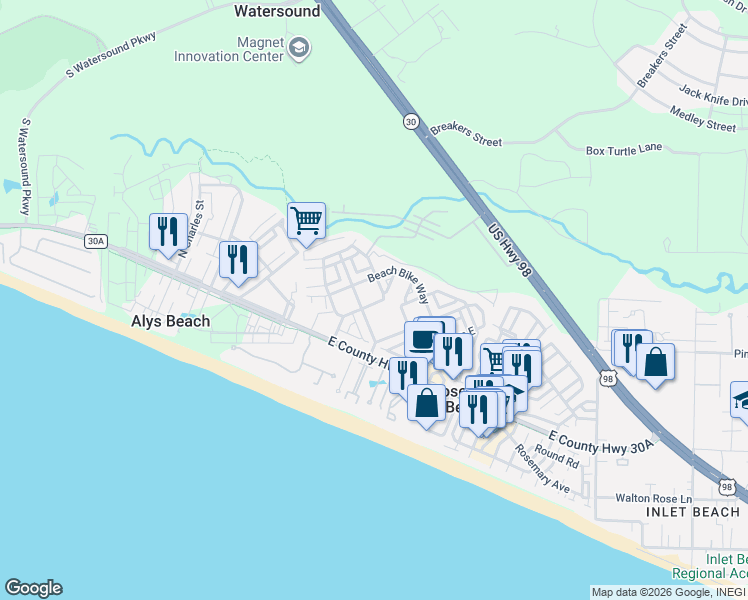 map of restaurants, bars, coffee shops, grocery stores, and more near 105 East Blue Crab Loop in Rosemary Beach