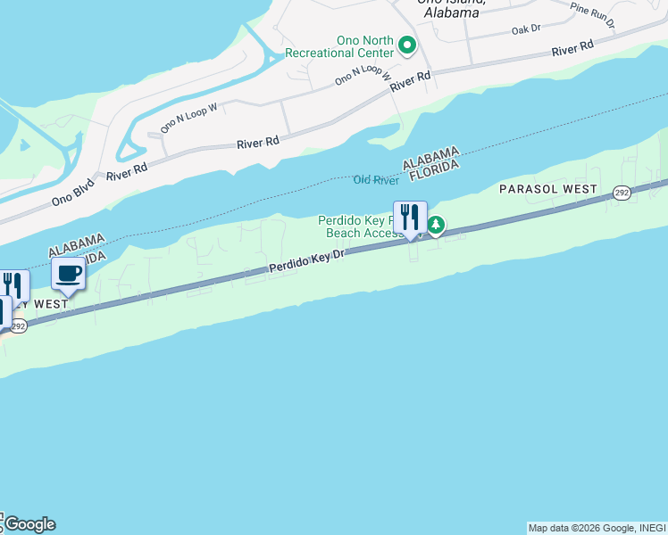 map of restaurants, bars, coffee shops, grocery stores, and more near 16698 Perdido Key Drive in Pensacola