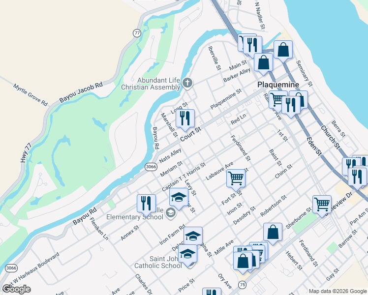 map of restaurants, bars, coffee shops, grocery stores, and more near 58361 Court Street in Plaquemine