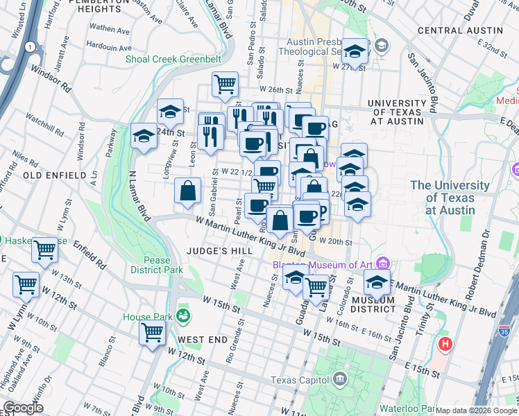map of restaurants, bars, coffee shops, grocery stores, and more near 709 1/2 West 22nd Street in Austin