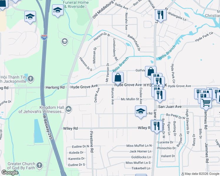 map of restaurants, bars, coffee shops, grocery stores, and more near 1859 Mount Vernon Drive in Jacksonville