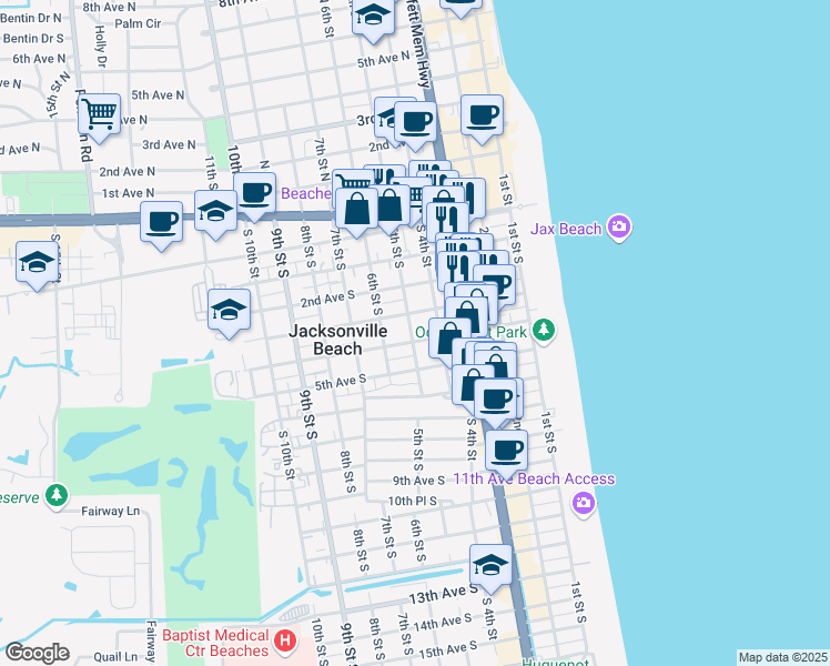 map of restaurants, bars, coffee shops, grocery stores, and more near 487 4th Avenue South in Jacksonville Beach