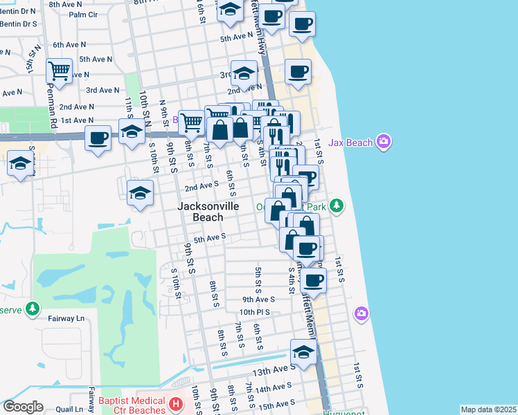 map of restaurants, bars, coffee shops, grocery stores, and more near 422 3rd Avenue South in Jacksonville Beach