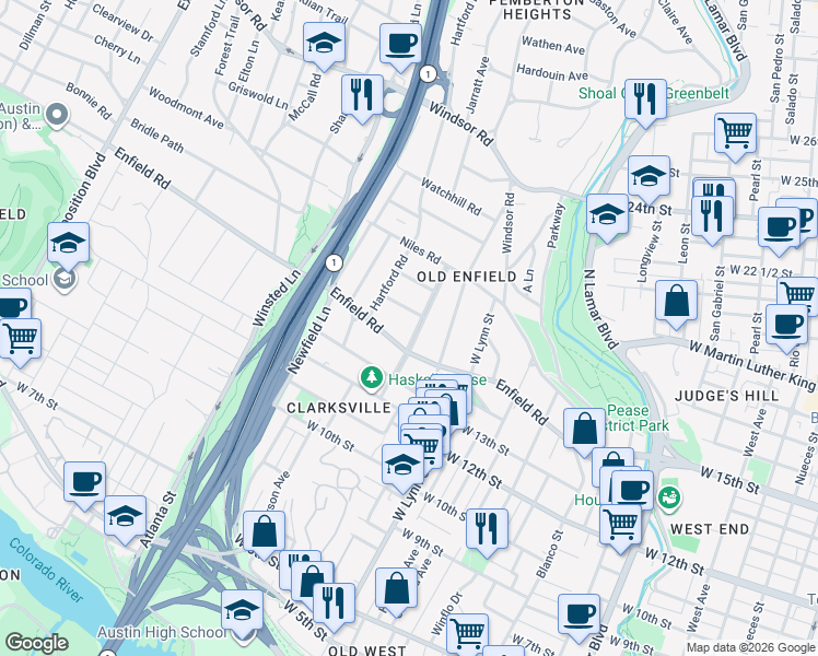 map of restaurants, bars, coffee shops, grocery stores, and more near 1713 Summit View Place in Austin