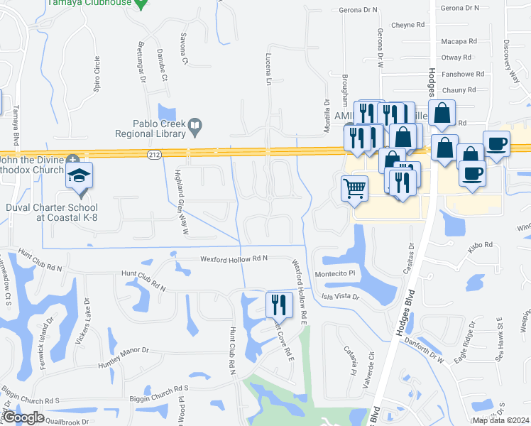 map of restaurants, bars, coffee shops, grocery stores, and more near 13395 Stone Pond Drive in Jacksonville