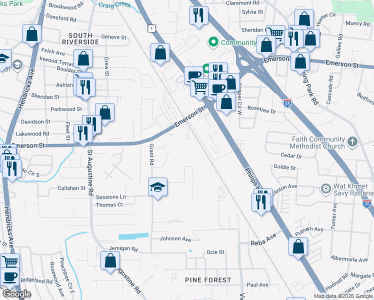 map of restaurants, bars, coffee shops, grocery stores, and more near 2364 Emerson Street in Jacksonville