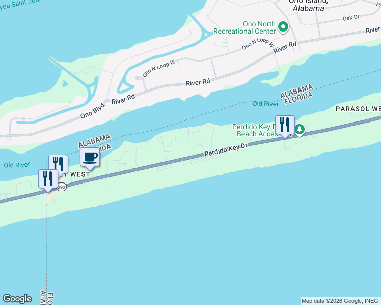 map of restaurants, bars, coffee shops, grocery stores, and more near 16786 Perdido Key Dr in Pensacola