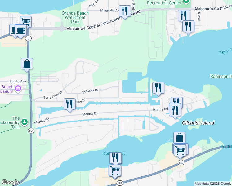 map of restaurants, bars, coffee shops, grocery stores, and more near 4106 Harbor Rd in Orange Beach