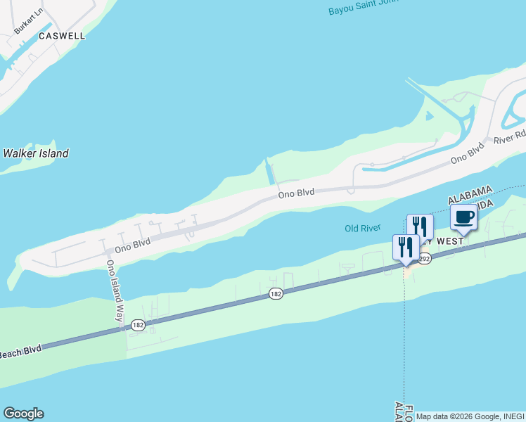 map of restaurants, bars, coffee shops, grocery stores, and more near 29250 Ono Boulevard in Orange Beach