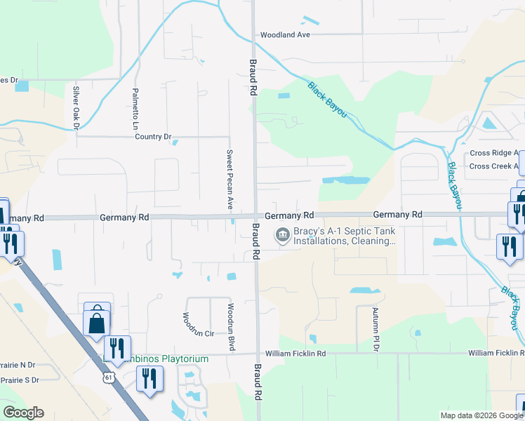 map of restaurants, bars, coffee shops, grocery stores, and more near 40036 Germany Road in Gonzales
