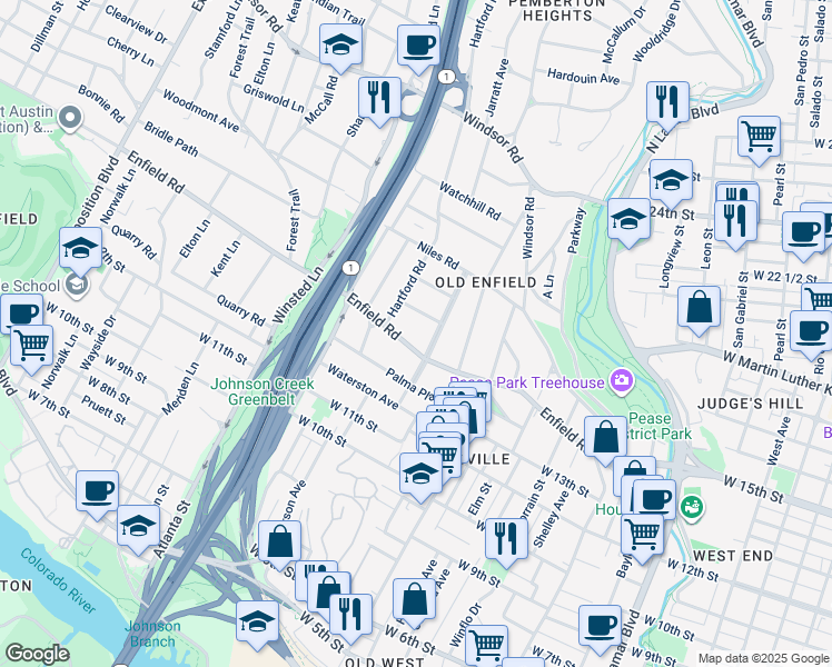 map of restaurants, bars, coffee shops, grocery stores, and more near 1708 Enfield Road in Austin