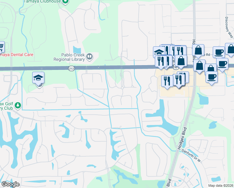 map of restaurants, bars, coffee shops, grocery stores, and more near 3630 Summerlin Lane North in Jacksonville