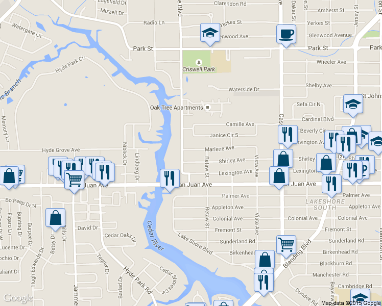 map of restaurants, bars, coffee shops, grocery stores, and more near 5335 Marlene Avenue in Jacksonville