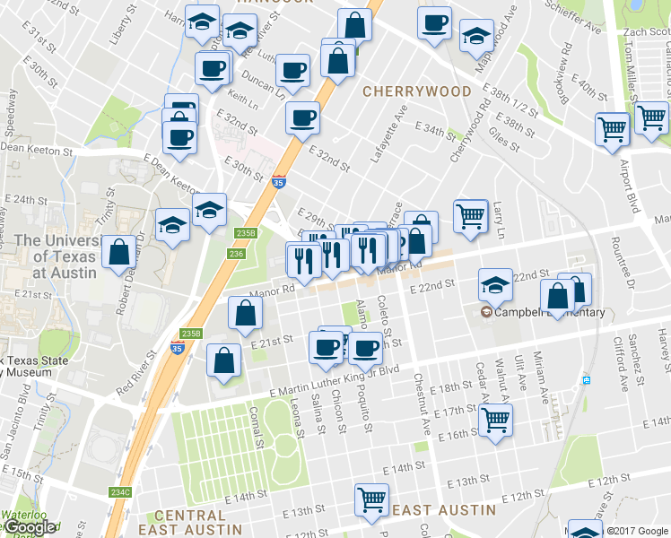 map of restaurants, bars, coffee shops, grocery stores, and more near 2800 French Place in Austin