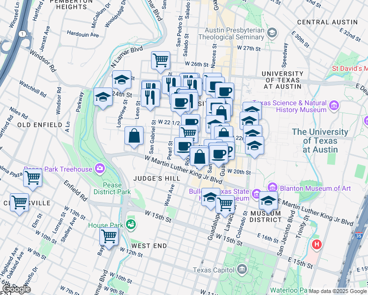 map of restaurants, bars, coffee shops, grocery stores, and more near 709 1/2 West 22nd Street in Austin