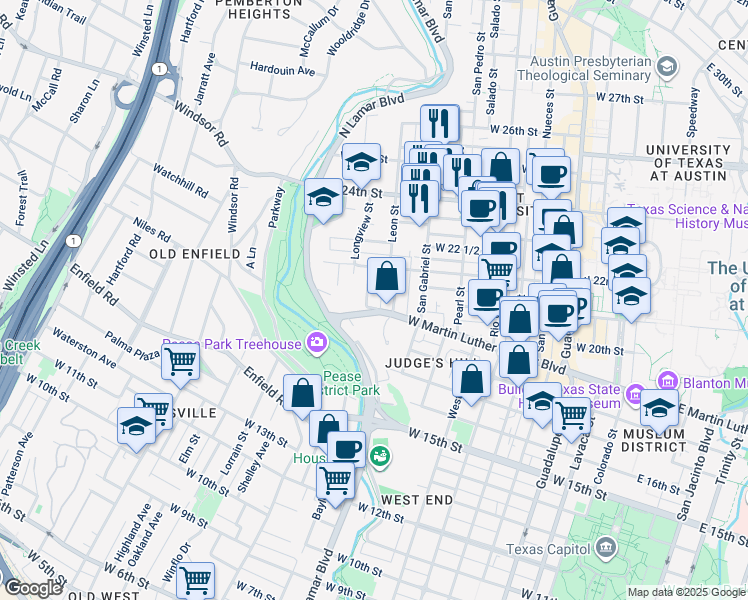 map of restaurants, bars, coffee shops, grocery stores, and more near 1913 David Street in Austin