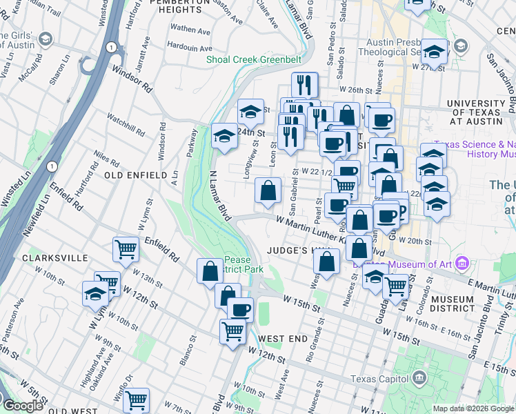 map of restaurants, bars, coffee shops, grocery stores, and more near 1913 David Street in Austin