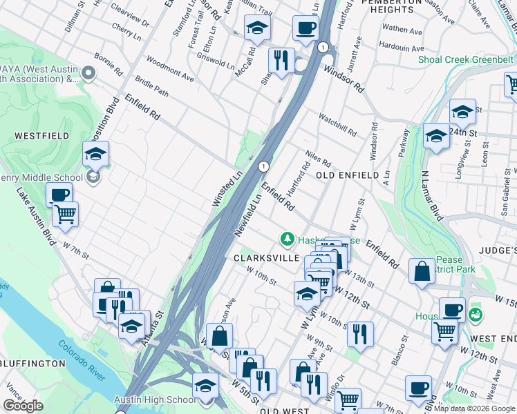 map of restaurants, bars, coffee shops, grocery stores, and more near 1405 Newfield Lane in Austin