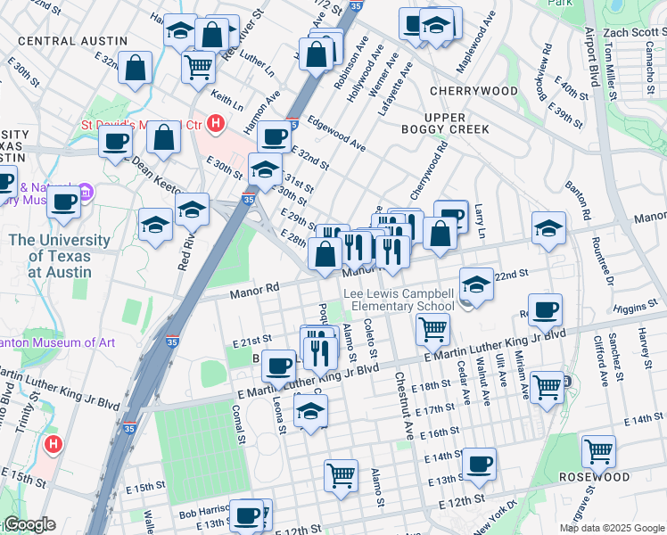 map of restaurants, bars, coffee shops, grocery stores, and more near 2800 French Place in Austin