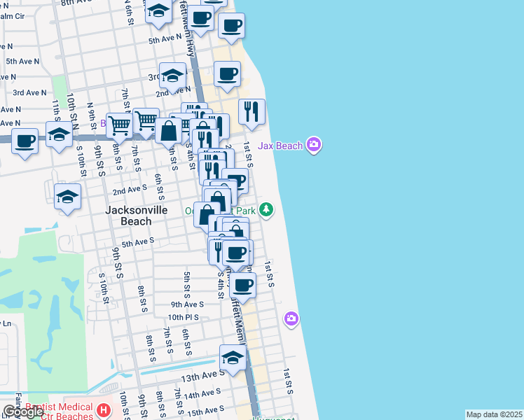 map of restaurants, bars, coffee shops, grocery stores, and more near 411 1st Street South in Jacksonville Beach