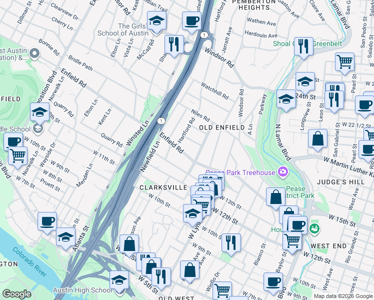 map of restaurants, bars, coffee shops, grocery stores, and more near 1713 Summit View Place in Austin
