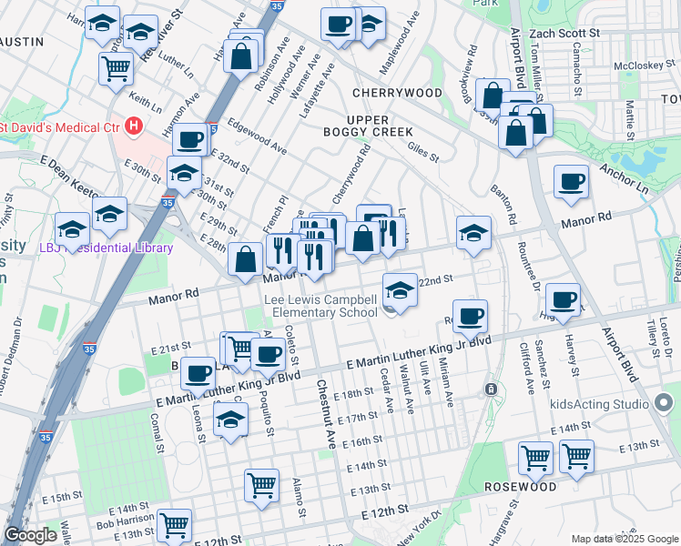 map of restaurants, bars, coffee shops, grocery stores, and more near 2502 Manor Road in Austin