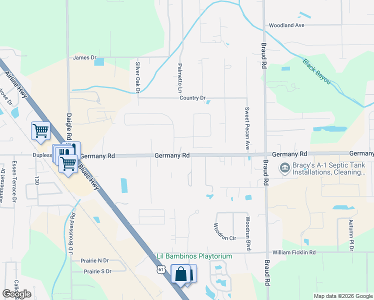 map of restaurants, bars, coffee shops, grocery stores, and more near 39350 Germany Road in Prairieville