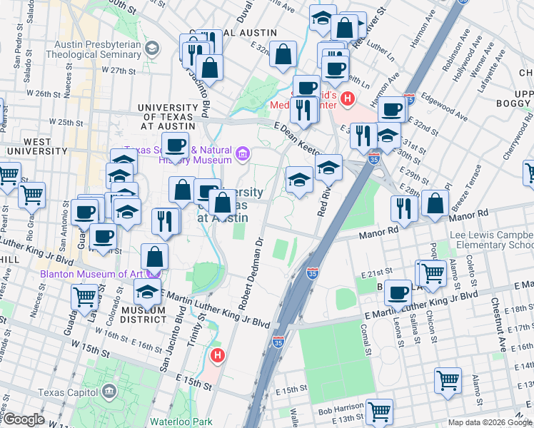 map of restaurants, bars, coffee shops, grocery stores, and more near E Campus Dr in Austin