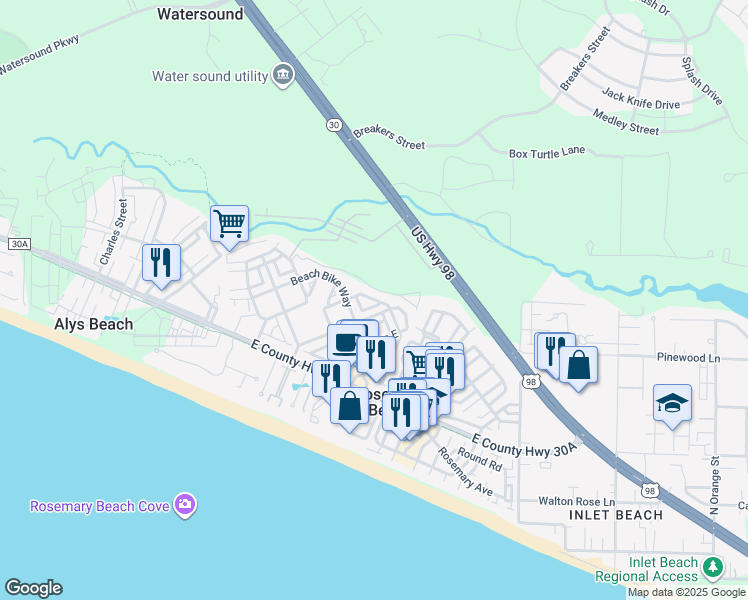 map of restaurants, bars, coffee shops, grocery stores, and more near 77 Lifeguard Loop West in Panama City Beach