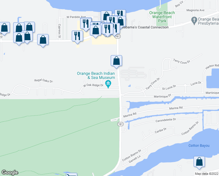 map of restaurants, bars, coffee shops, grocery stores, and more near 25850 John M Snook Drive in Orange Beach