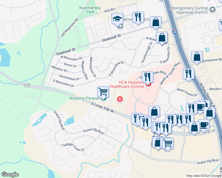 map of restaurants, bars, coffee shops, grocery stores, and more near 604 Conroe Medical Drive in Conroe