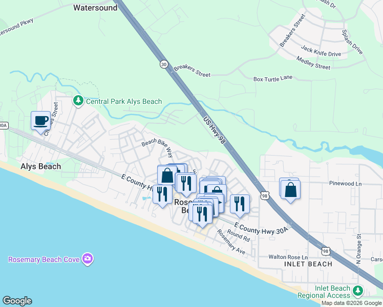 map of restaurants, bars, coffee shops, grocery stores, and more near 113 Lifeguard Loop West in Rosemary Beach