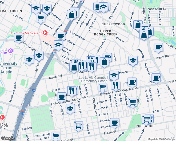 map of restaurants, bars, coffee shops, grocery stores, and more near Manor Road & Cherrywood Road in Austin