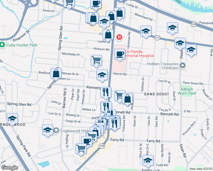 map of restaurants, bars, coffee shops, grocery stores, and more near 3930 University Boulevard South in Jacksonville