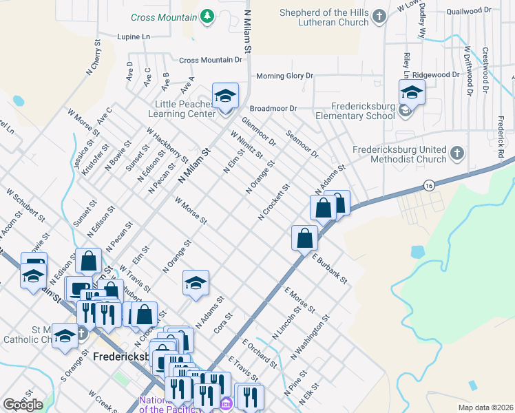map of restaurants, bars, coffee shops, grocery stores, and more near 214 West Burbank Street in Fredericksburg