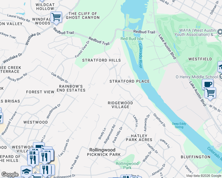 map of restaurants, bars, coffee shops, grocery stores, and more near 108 Stratford Reserve Place in Austin