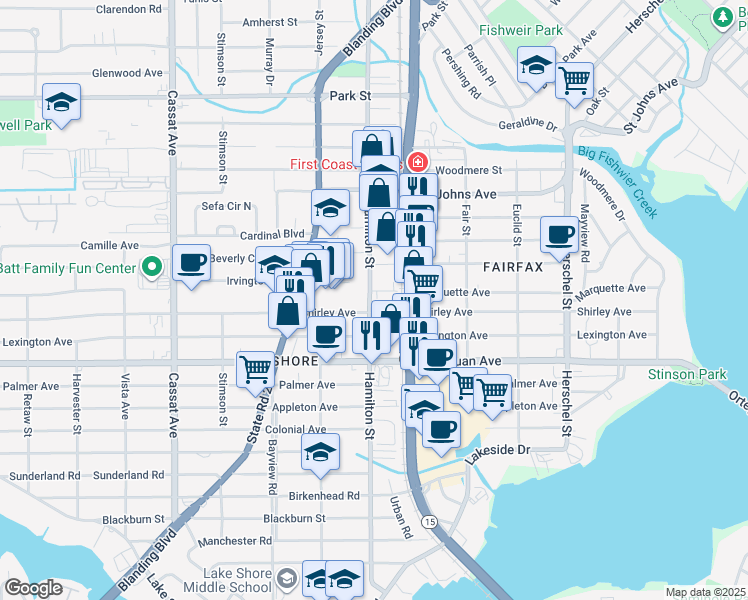 map of restaurants, bars, coffee shops, grocery stores, and more near 1775 Hamilton Street in Jacksonville