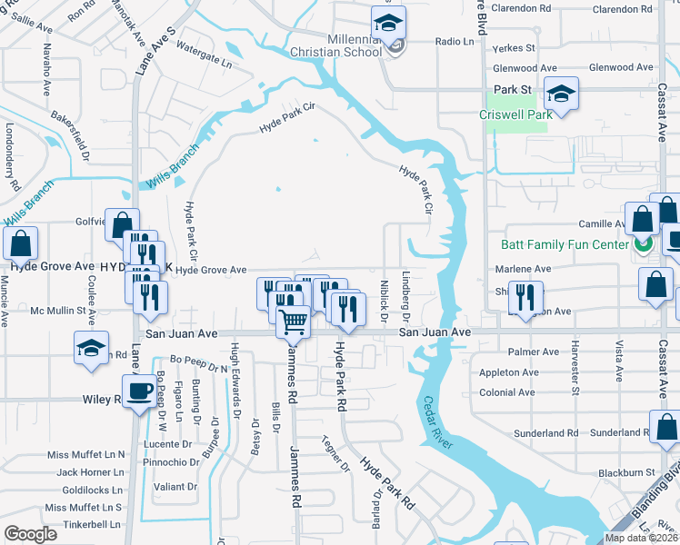 map of restaurants, bars, coffee shops, grocery stores, and more near 5911 Hyde Park Road in Jacksonville