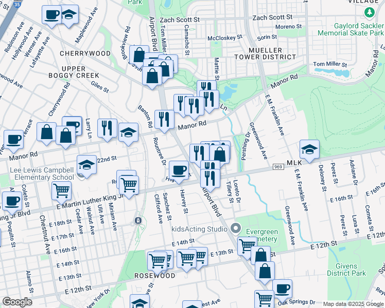 map of restaurants, bars, coffee shops, grocery stores, and more near 2039 Airport Boulevard in Austin